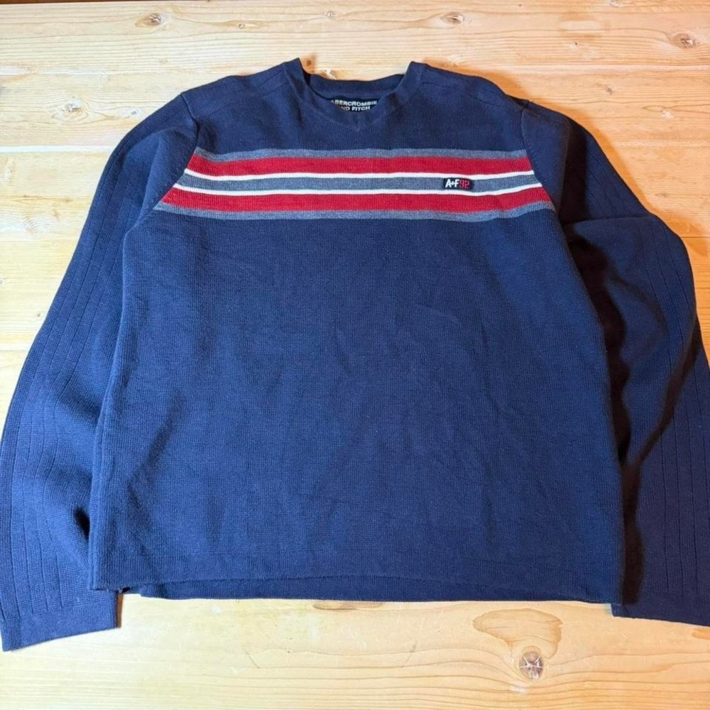 Abercrombie and Fitch Mens Navy Blue Striped Knit Sweater A+F 92 Vintage‎ Large